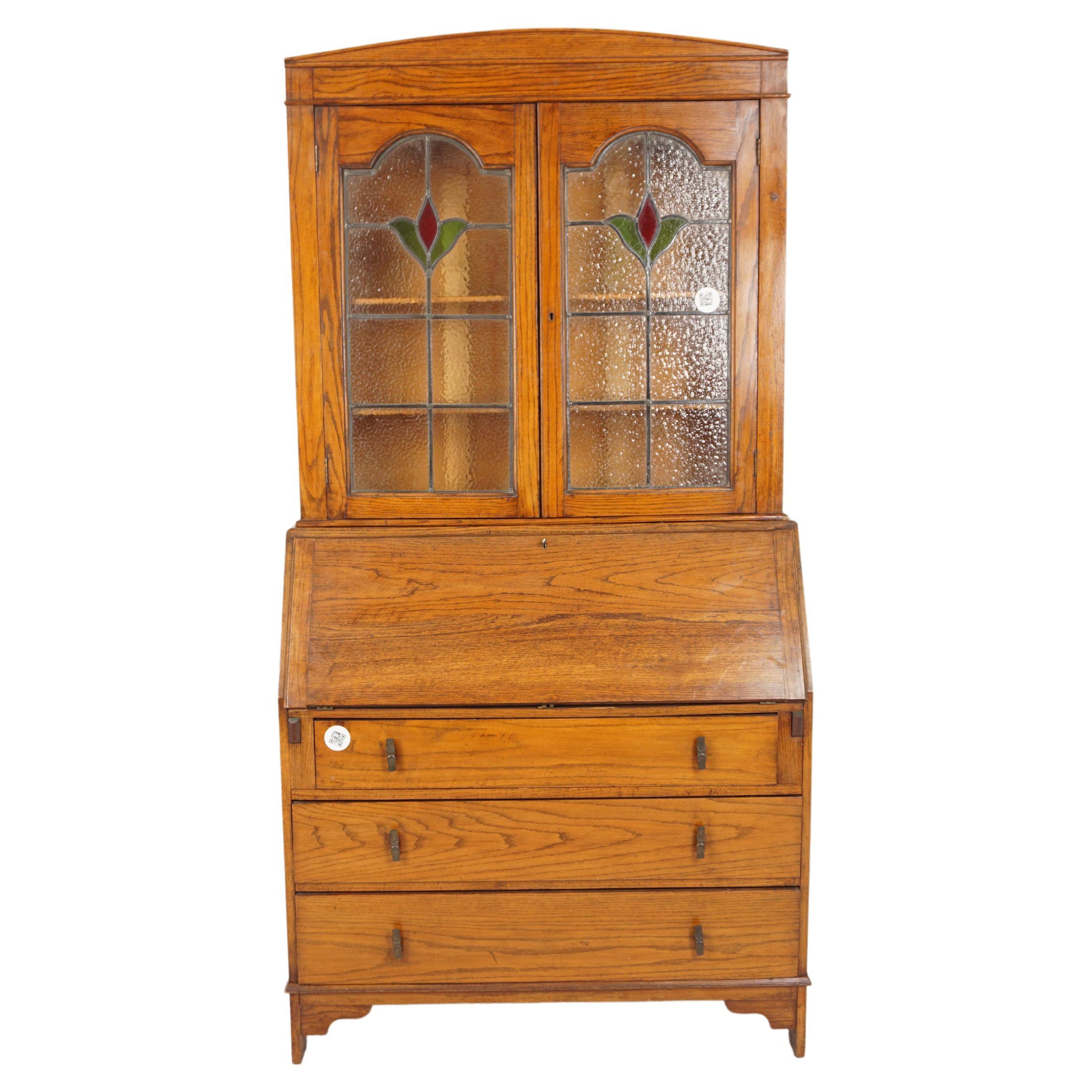 Oak Stained Glass Window Slant Front Desk with Bookcase Top, Scotland 1920, H800