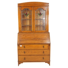 Oak Stained Glass Window Slant Front Desk with Bookcase Top, Scotland 1920, H800