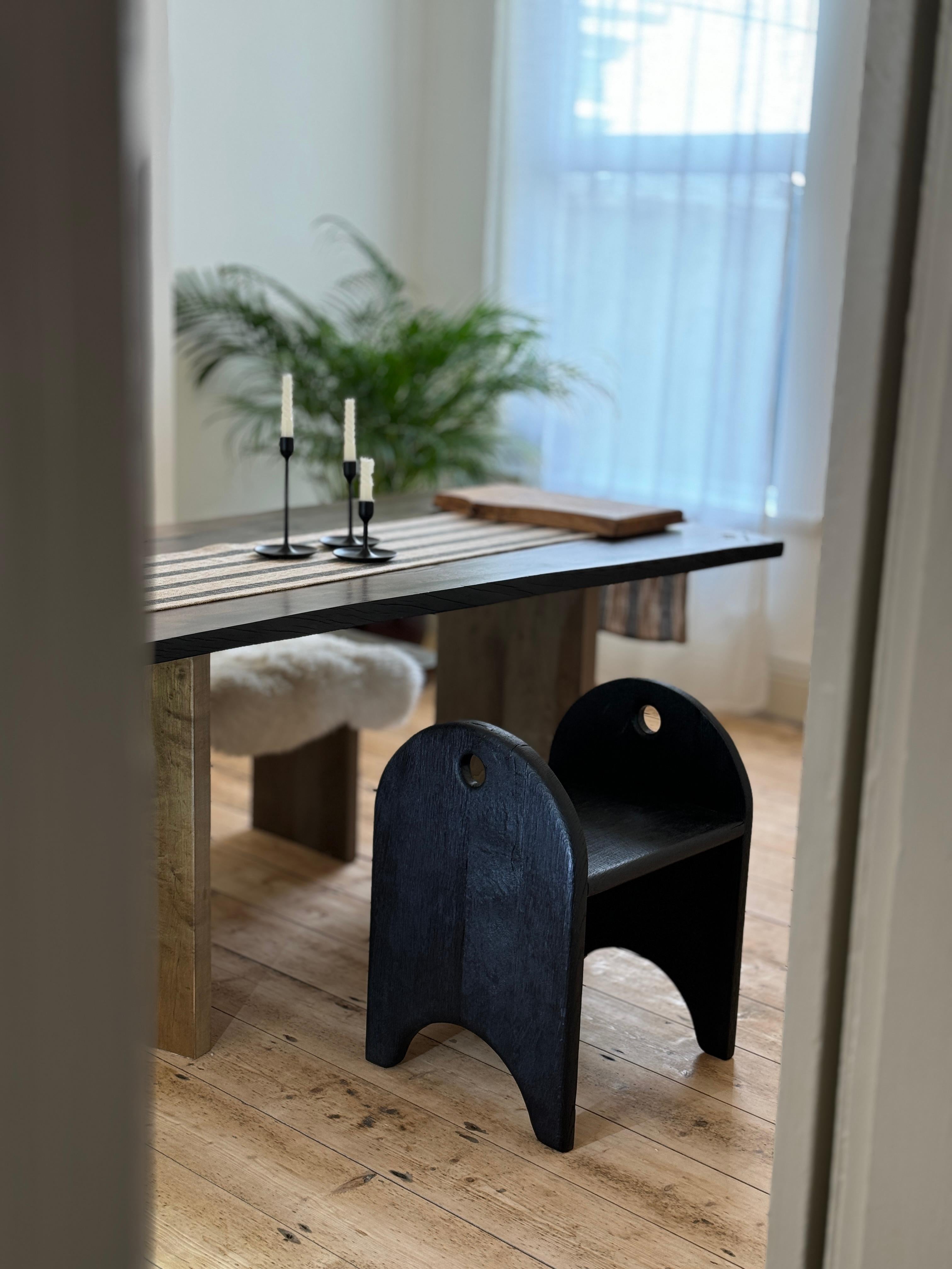 (Discount for sets of more than one unit).
(See other listings for the oak versions with and without upholstery, and for this special charred edition with upholstery).

Pictured is the special Shou Sugi Ban edition.
Charred through the traditional