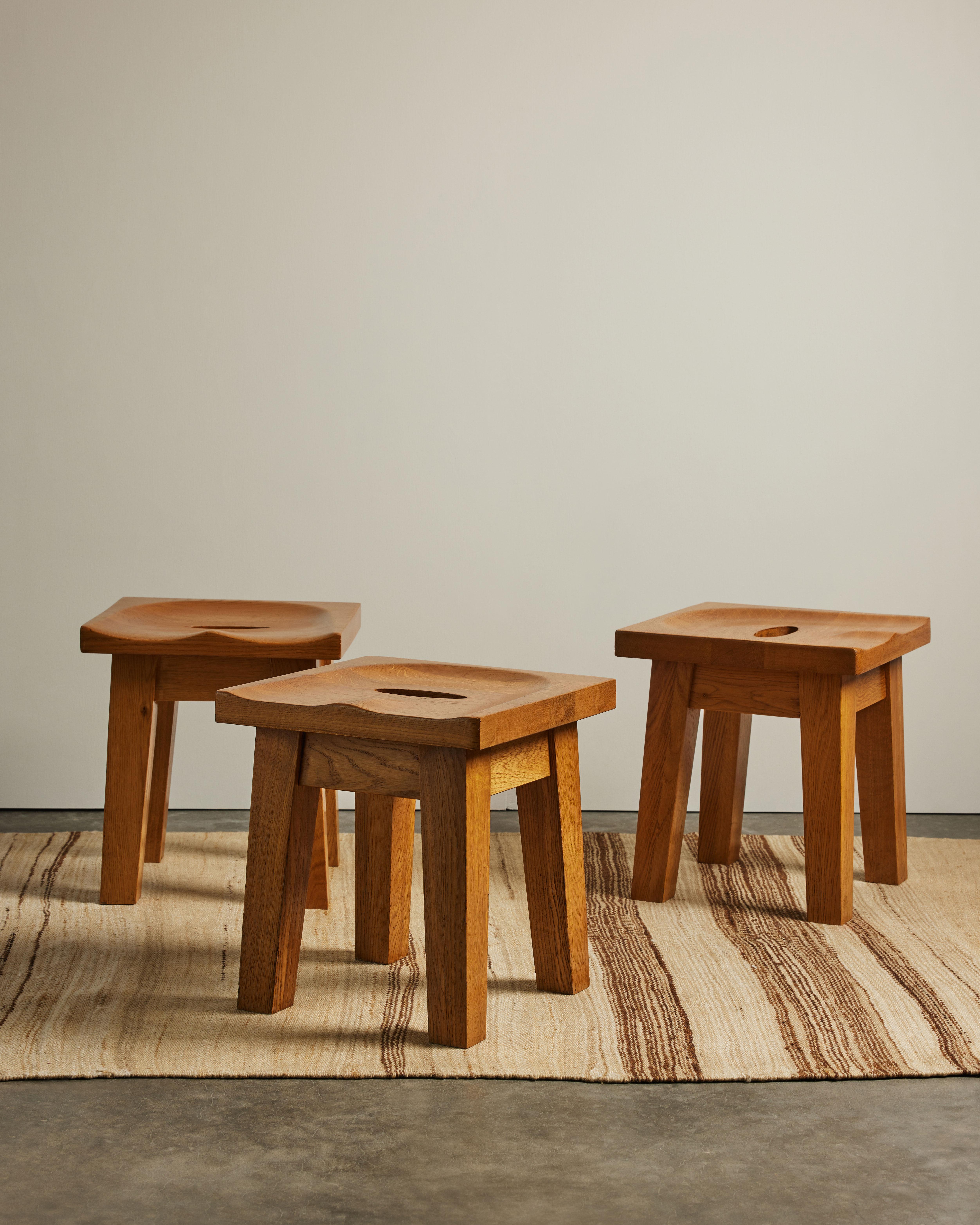 Hand Carved Oak Stool by Atelier Marolles, France, c. 1960 Angular, solid stool by Atelier Marolles. Six available.<br />