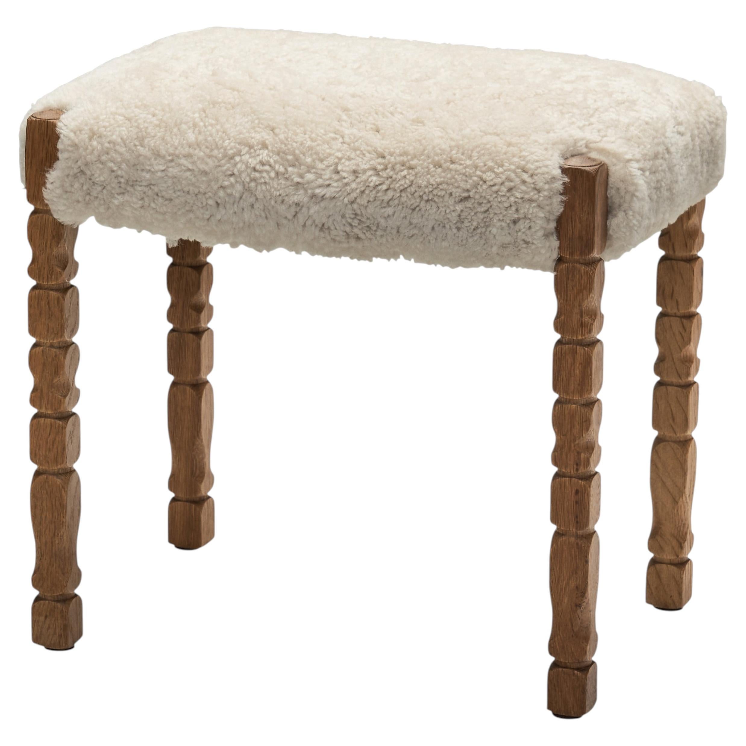 Oak Stool with Carved Legs and Sheepskin Upholstery, Denmark 1970s For Sale