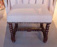 Oak Stool with Spiral-Turned Legs and Natural Linen Upholstery