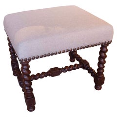Tabouret en Oak avec pieds tournés en spirale et tapisserie en lin naturel
