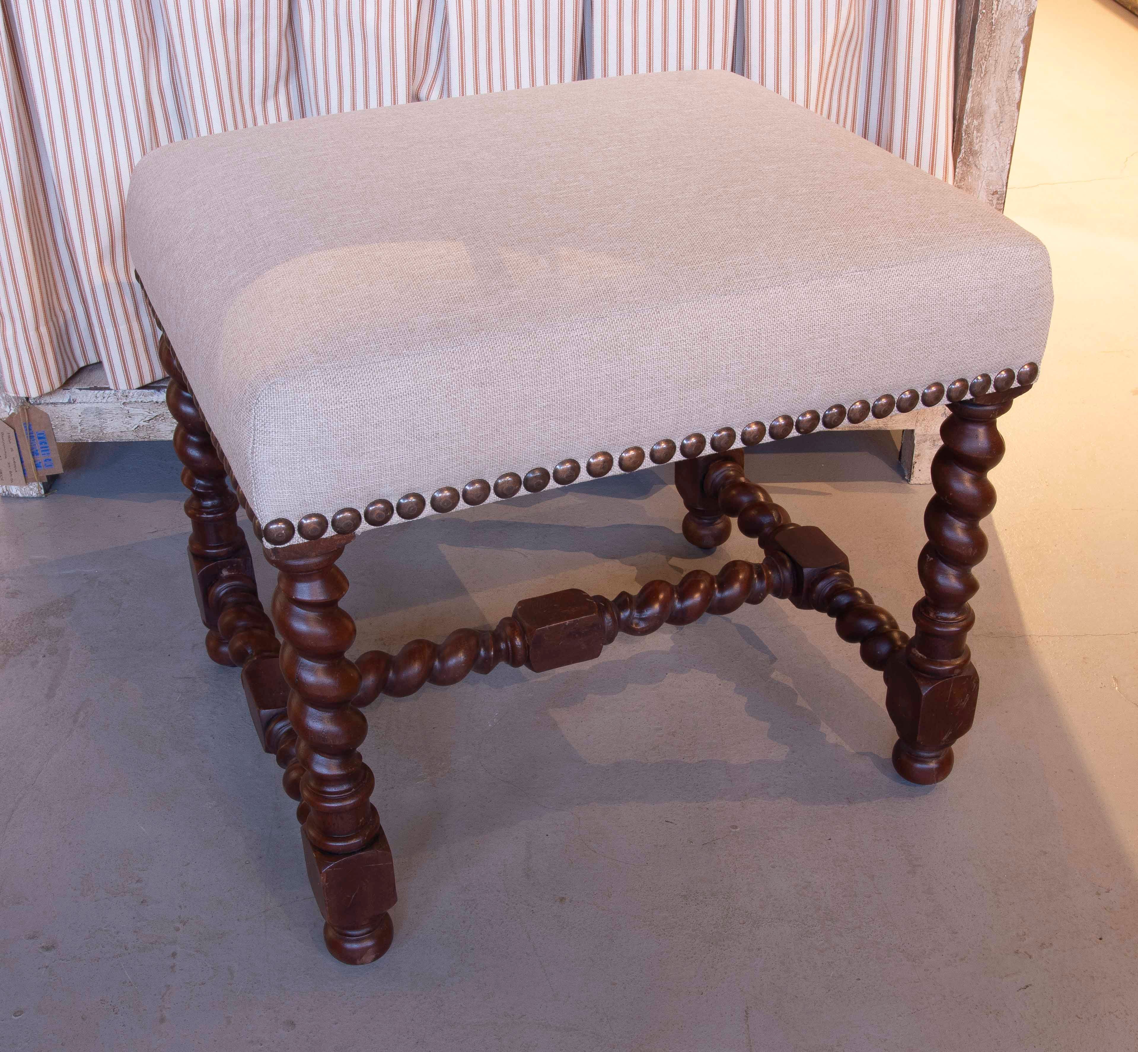 Oak Stool with Spiral-Turned Legs and Natural Linen Upholstery For Sale