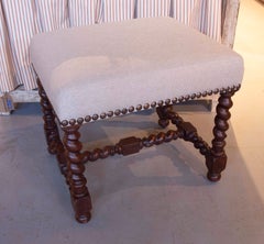Oak Stool with Spiral-Turned Legs and Natural Linen Upholstery