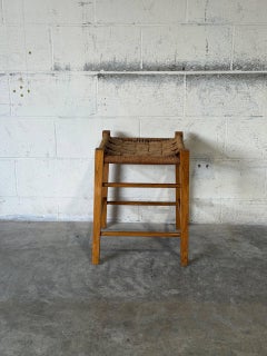 Oak Stool with Woven Cord Seat Rustic Scandinavian Vintage 1970s