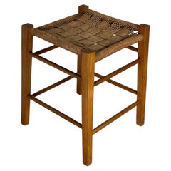 Oak Stool with Woven Cord Seat Rustic Scandinavian Vintage 1970s