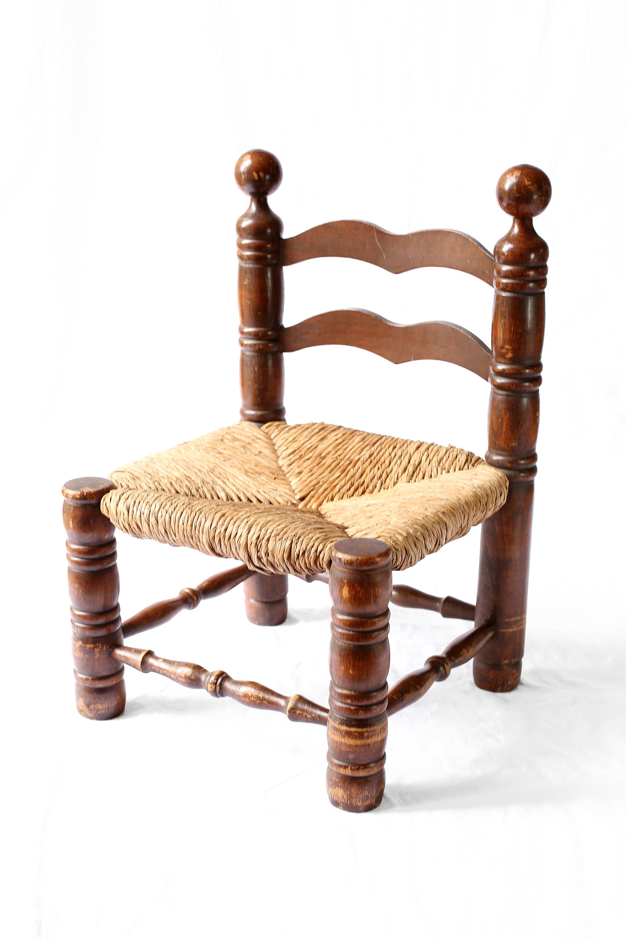 Turned Oak & Straw Fireside Chair in the Manner of Charles Dudouyt, French, C. 1940s For Sale