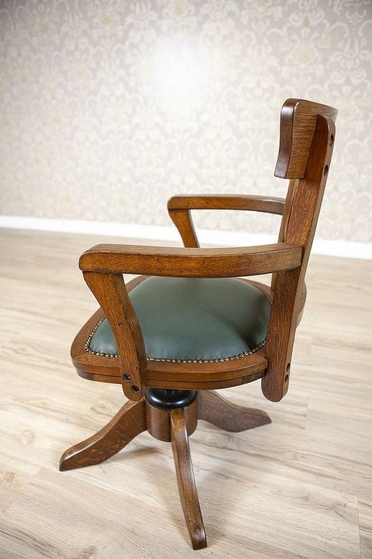 Oak Swivel Desk Chair from the Early 20th Century with Green Leather Seat 3