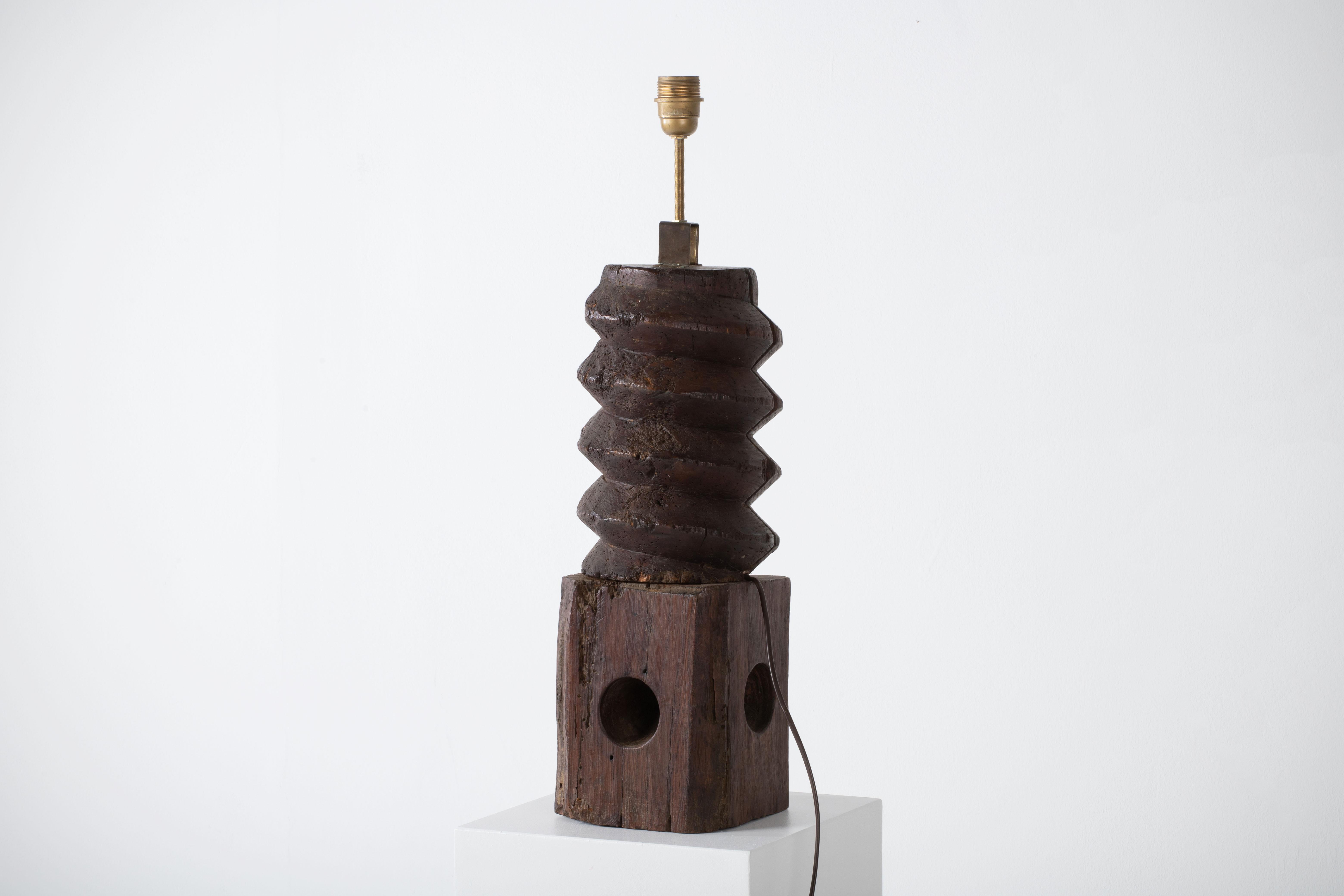 Primitive Oak Table Lamp in Syle of Charles Dudouyt For Sale