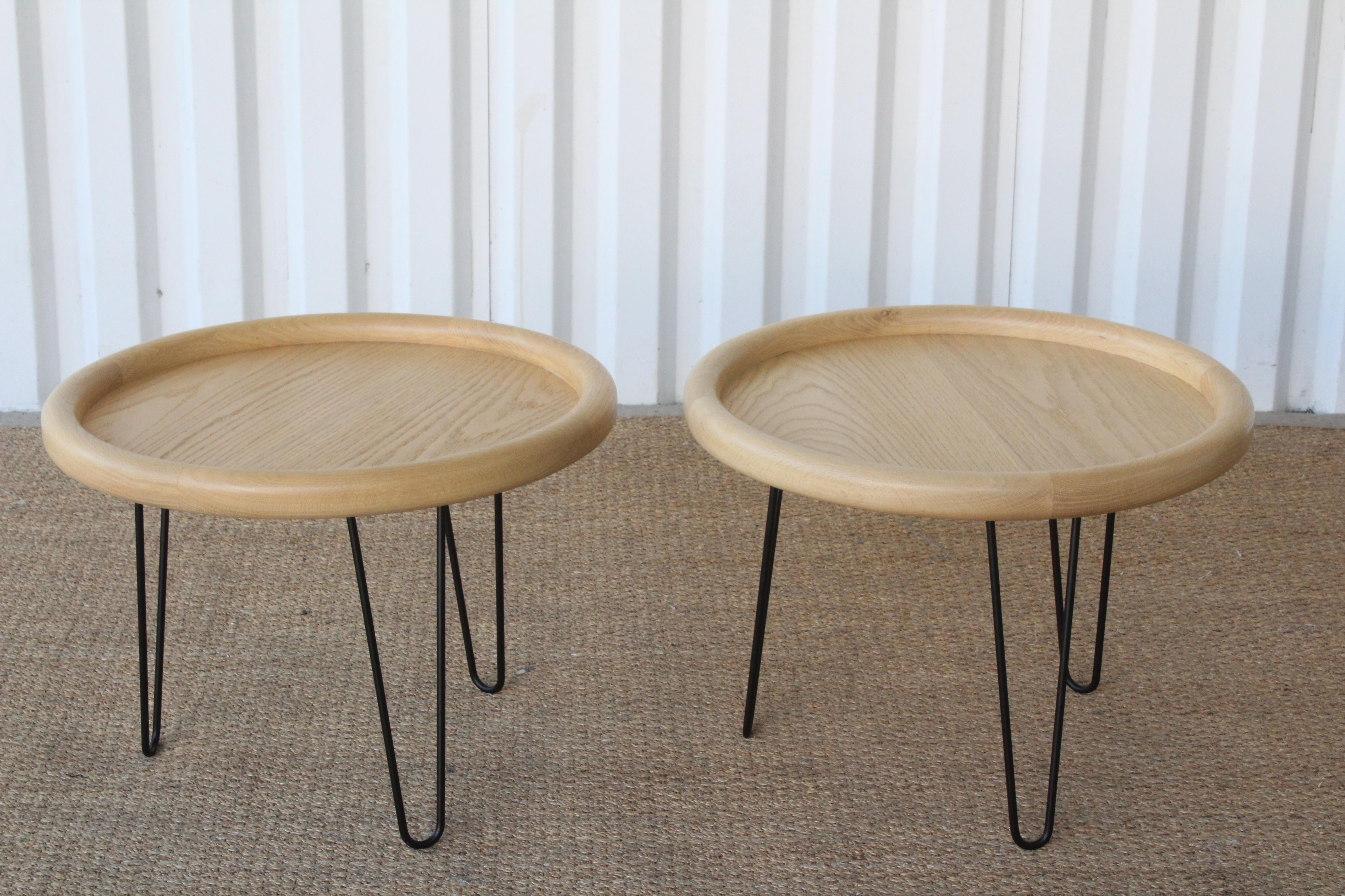Custom mid-century style side or end tables, made of solid oak in a natural finish. Iron hairpin legs in a satin black powder coated finish. Sold individually.