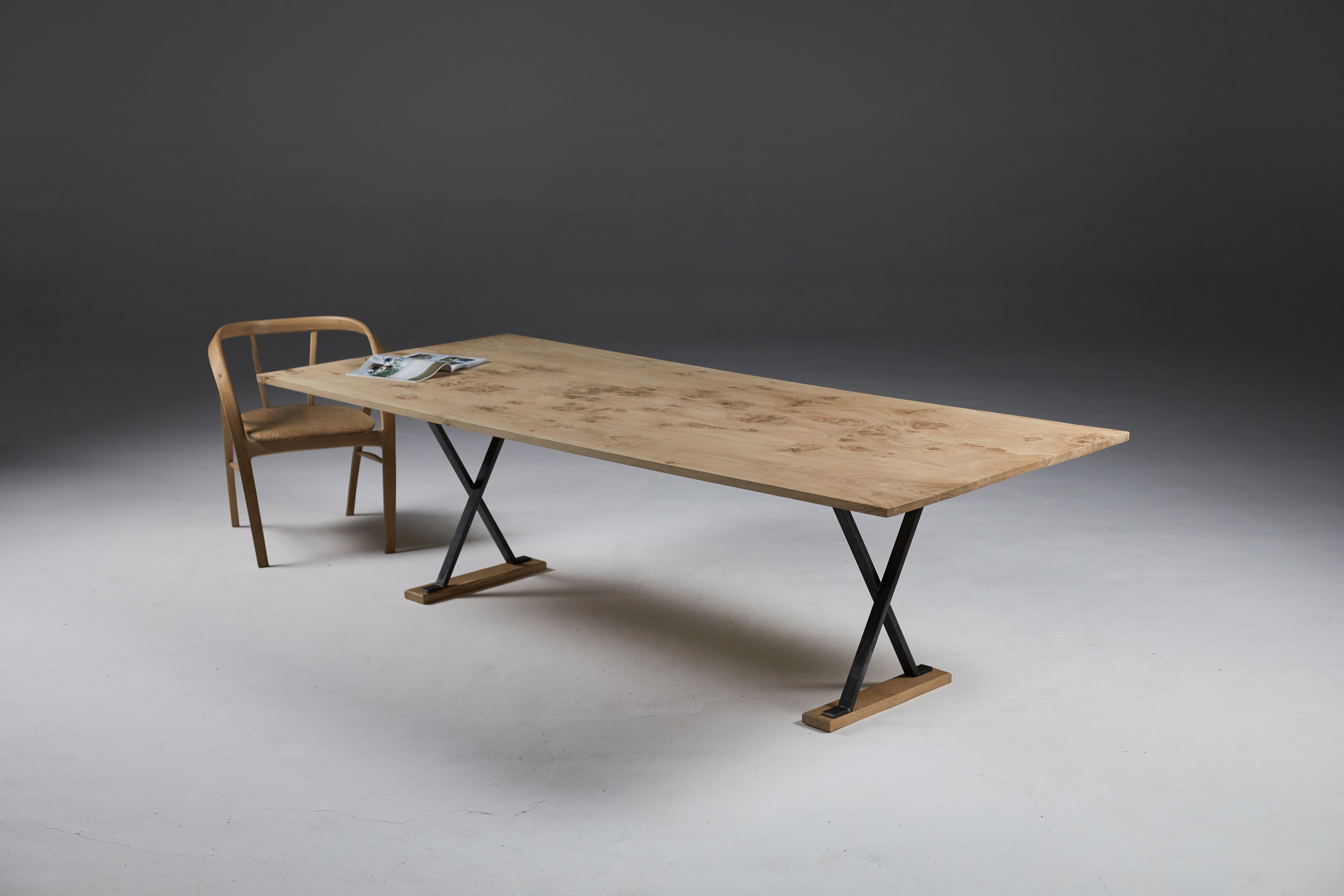 Industrial Oak table with black waxed steel cross Legs by Jonathan Field  For Sale
