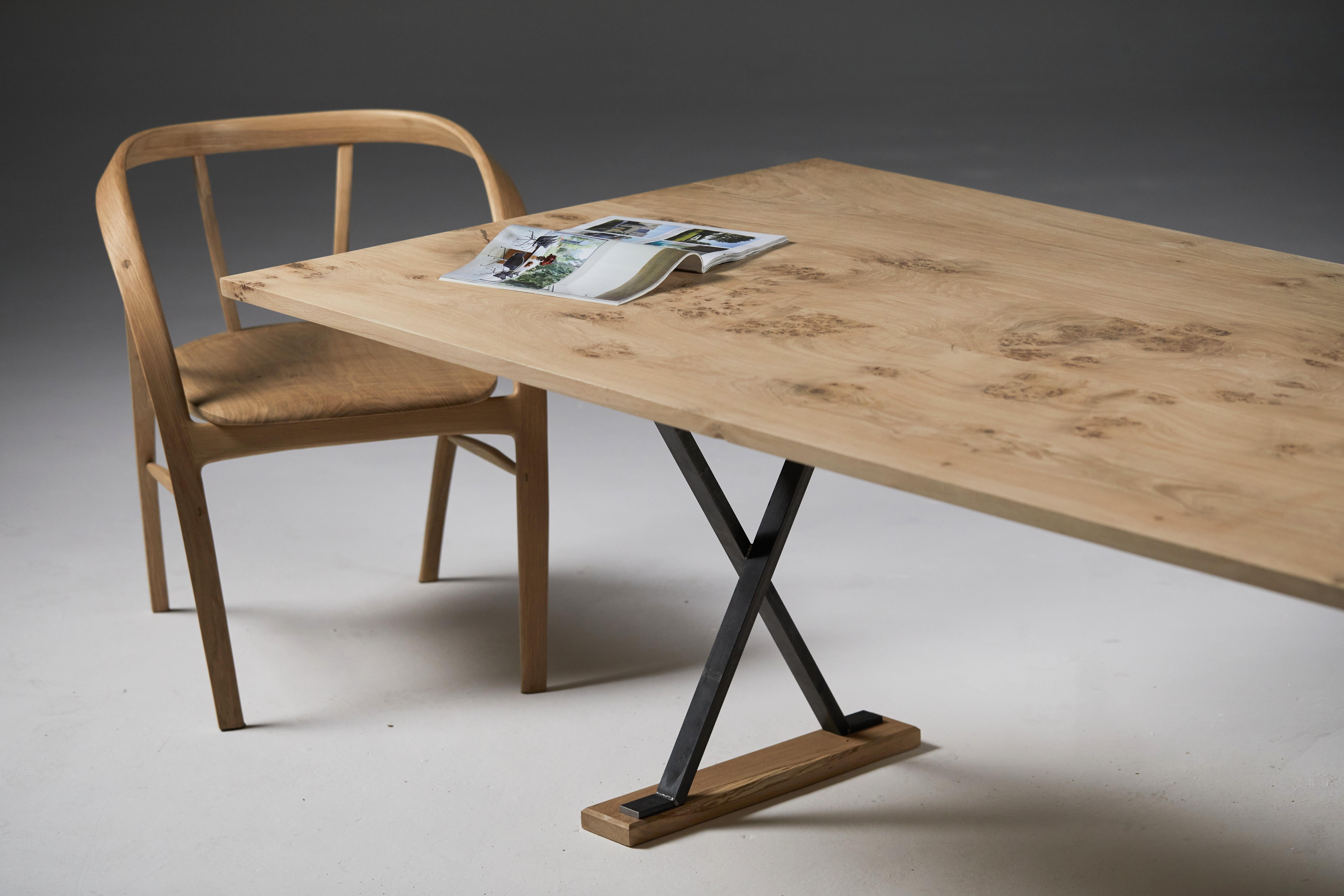 Oak table with black waxed steel cross Legs by Jonathan Field  In New Condition For Sale In London, GB