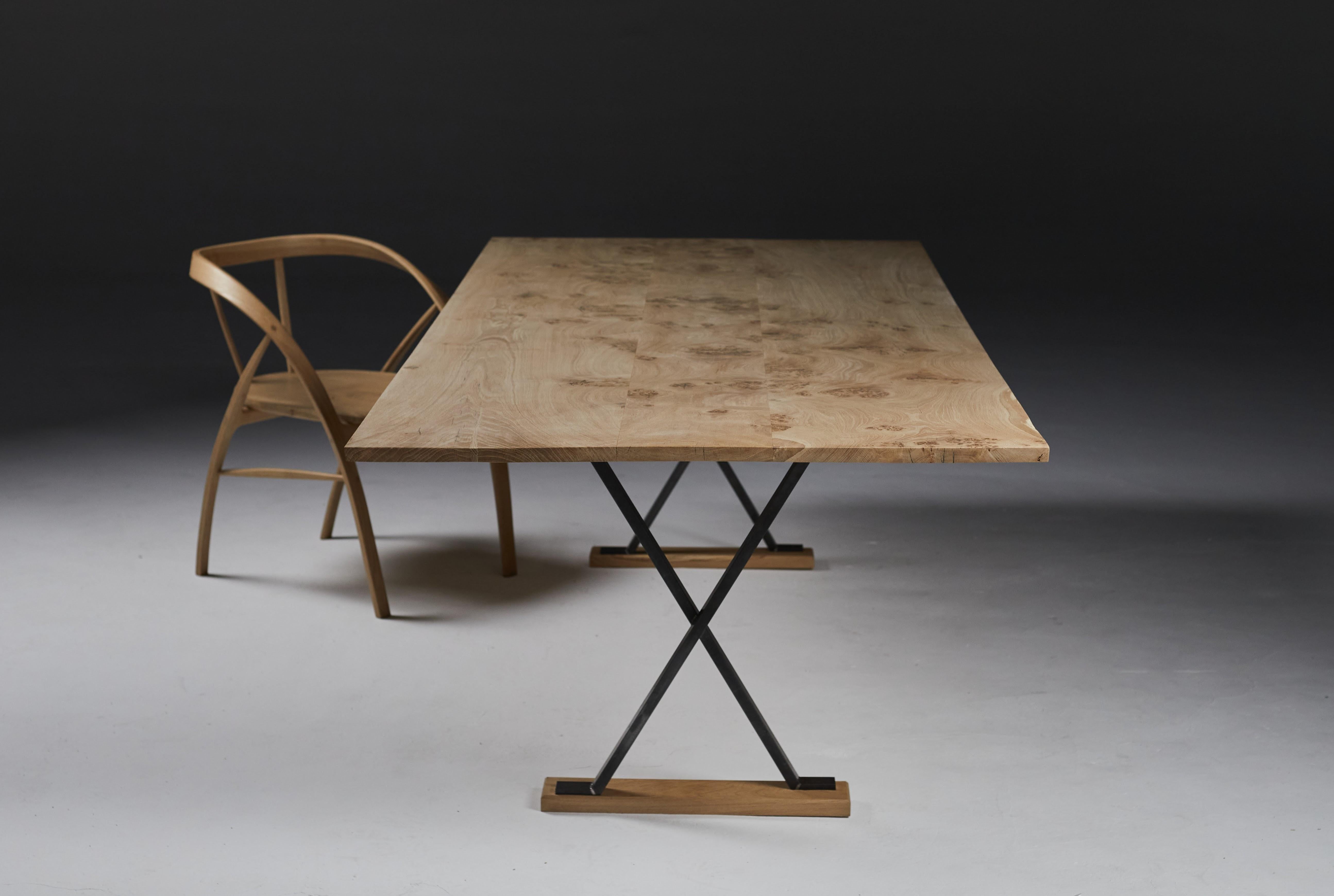 Contemporary Oak table with black waxed steel cross Legs by Jonathan Field  For Sale