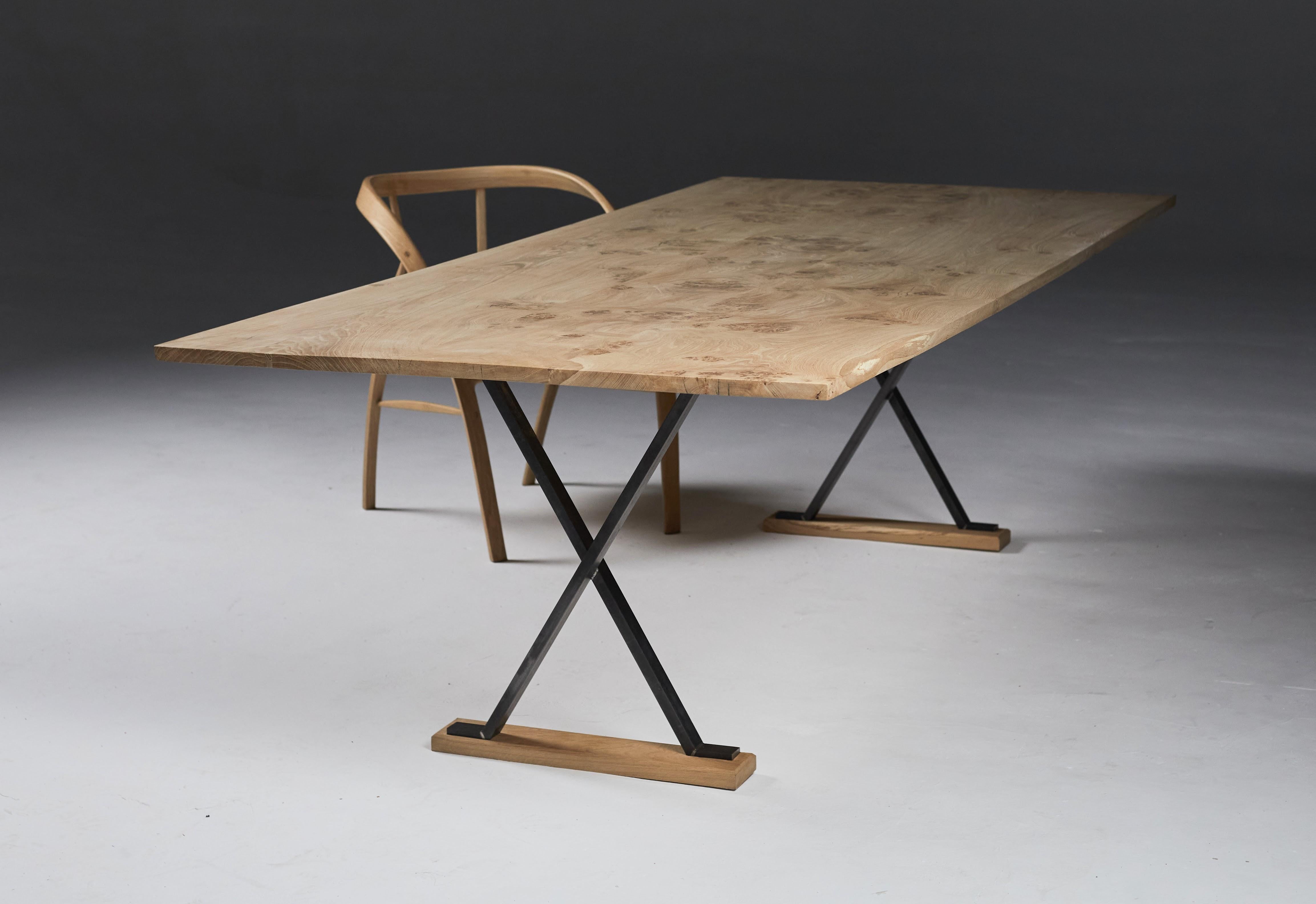 Steel Oak table with black waxed steel cross Legs by Jonathan Field  For Sale