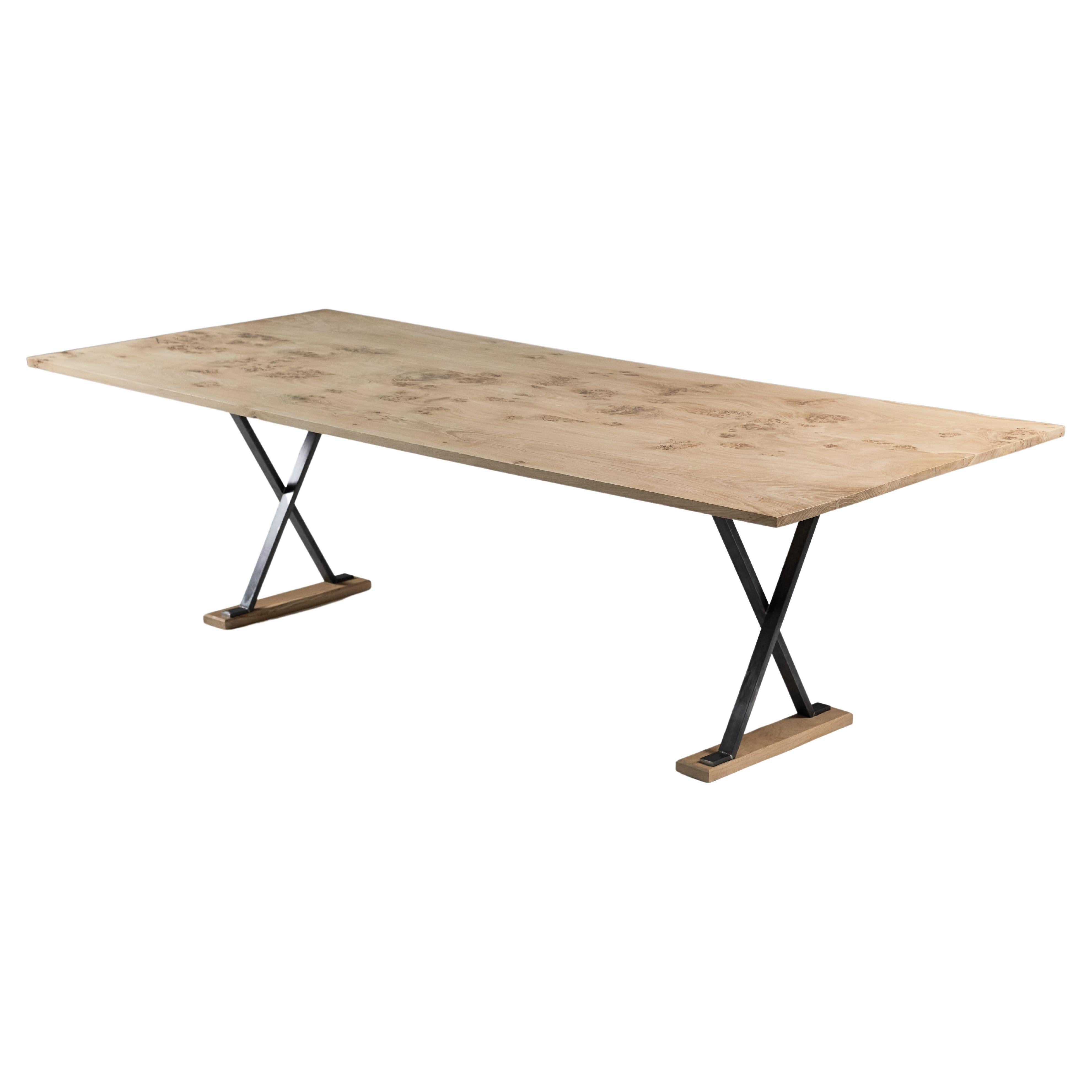 Oak table with black waxed steel cross Legs by Jonathan Field 