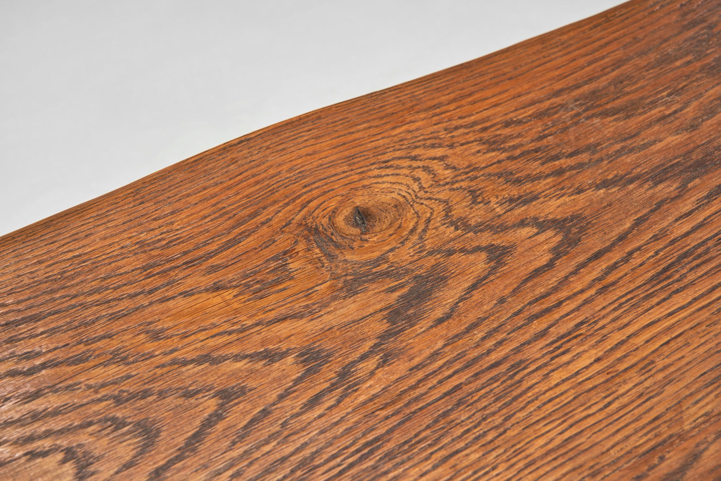 Oak Table with Iron Base in the manner of Jean Touret, France Mid-20th Century For Sale 5
