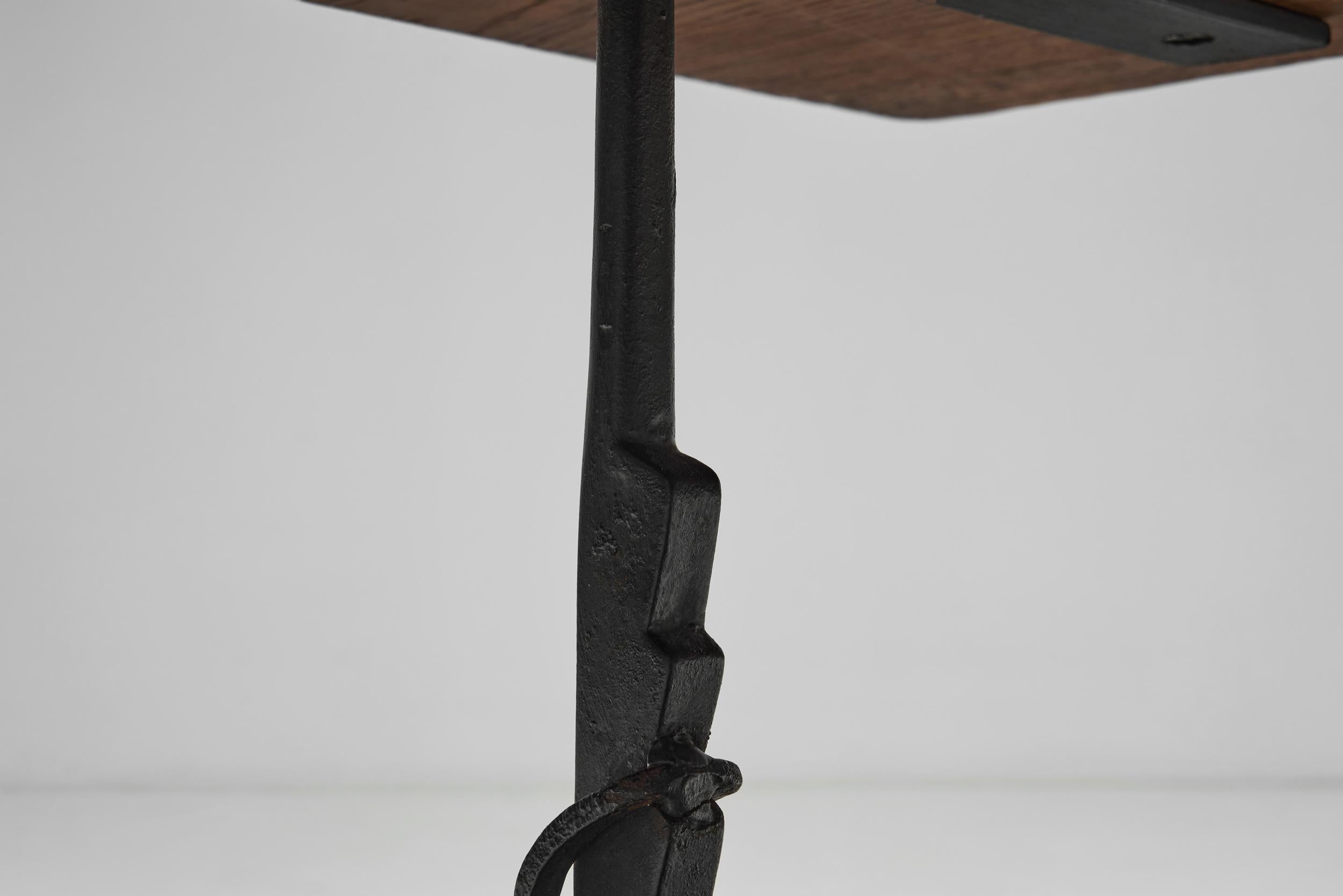 Oak Table with Iron Base in the manner of Jean Touret, France Mid-20th Century For Sale 7