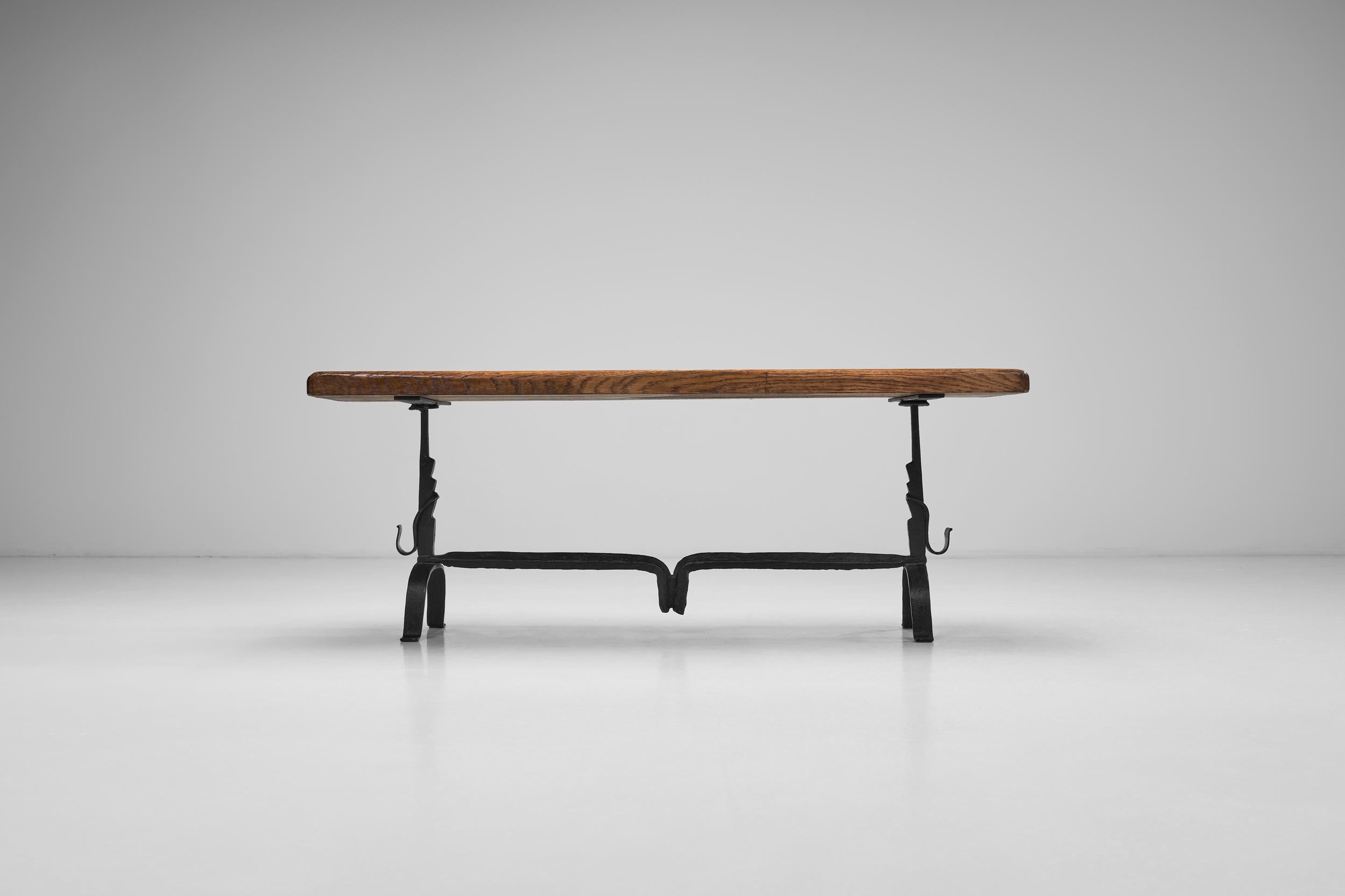 Oak Table with Iron Base in the manner of Jean Touret, France Mid-20th Century For Sale 1