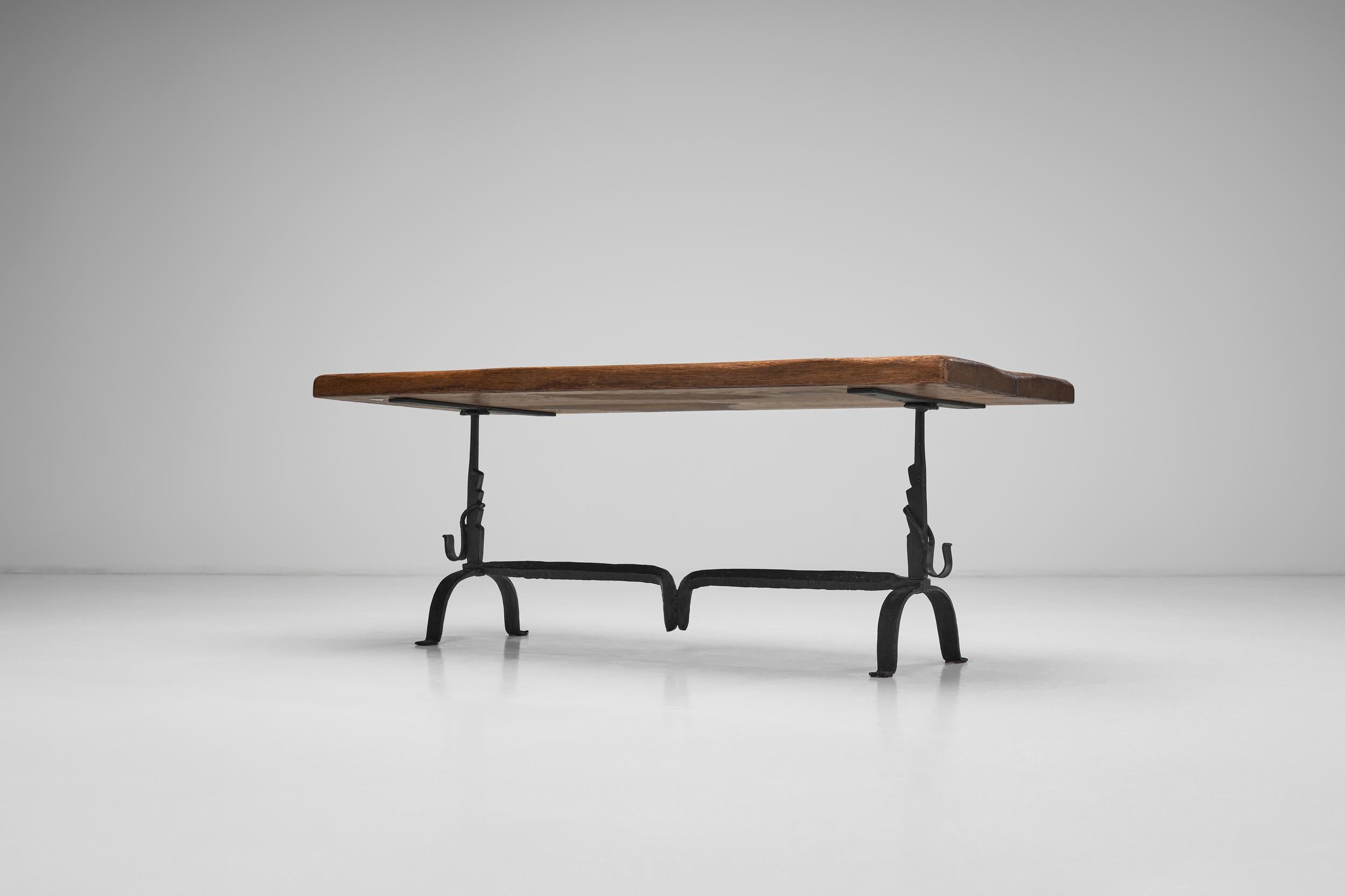 Oak Table with Iron Base in the manner of Jean Touret, France Mid-20th Century For Sale 2