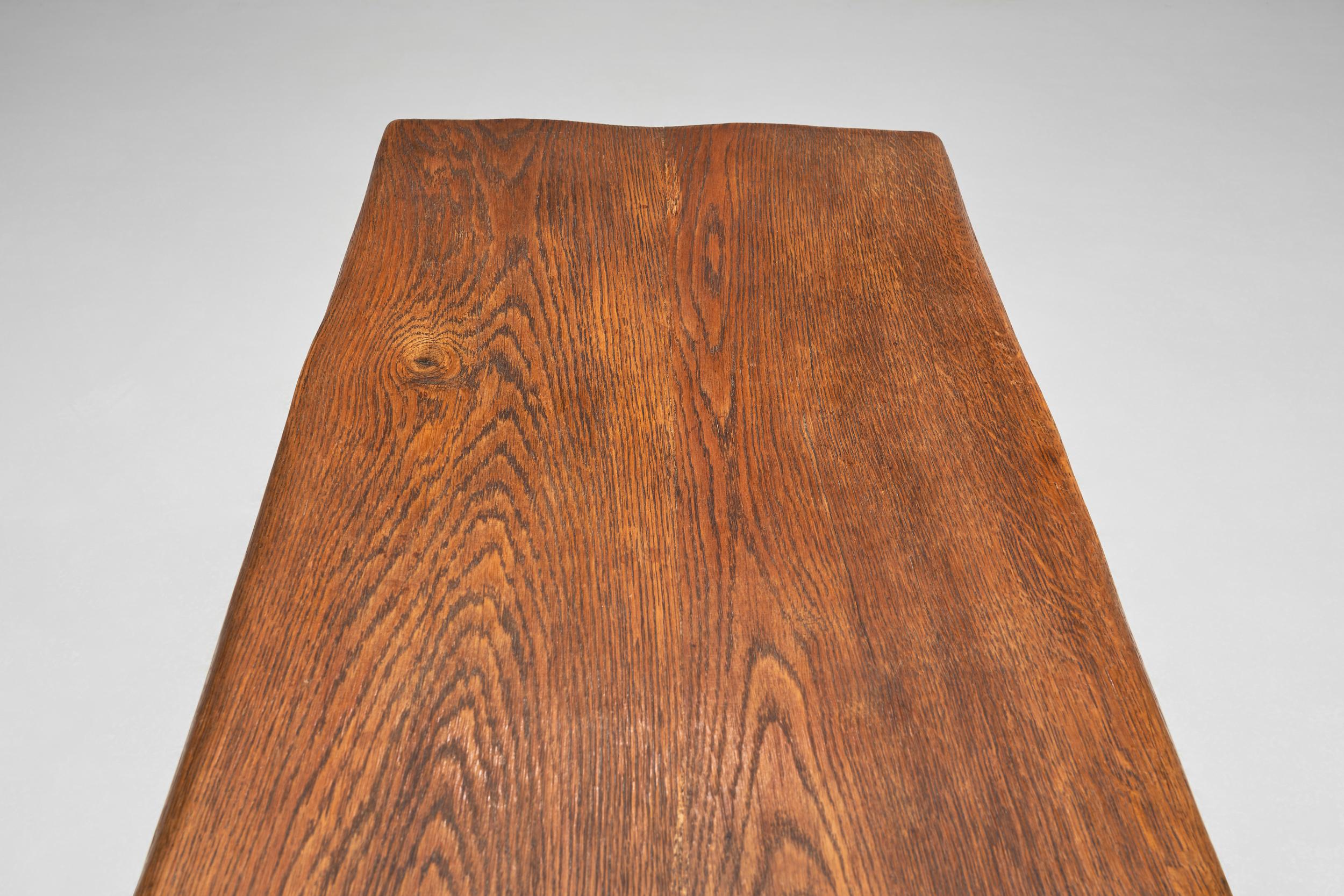 Oak Table with Iron Base in the manner of Jean Touret, France Mid-20th Century For Sale 4