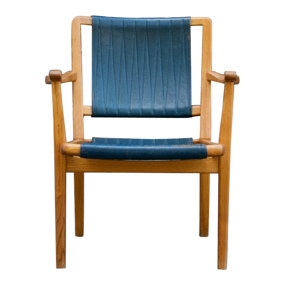 Oak & Teal Leather Armchair, Axel Larsson, 1936