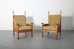 Oak Throne-Like Lounge Chair with Finials & New Gold Velvet Upholstery