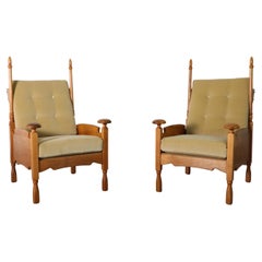 Oak Throne-Like Lounge Chair with Finials 
New Gold Velvet Upholstery