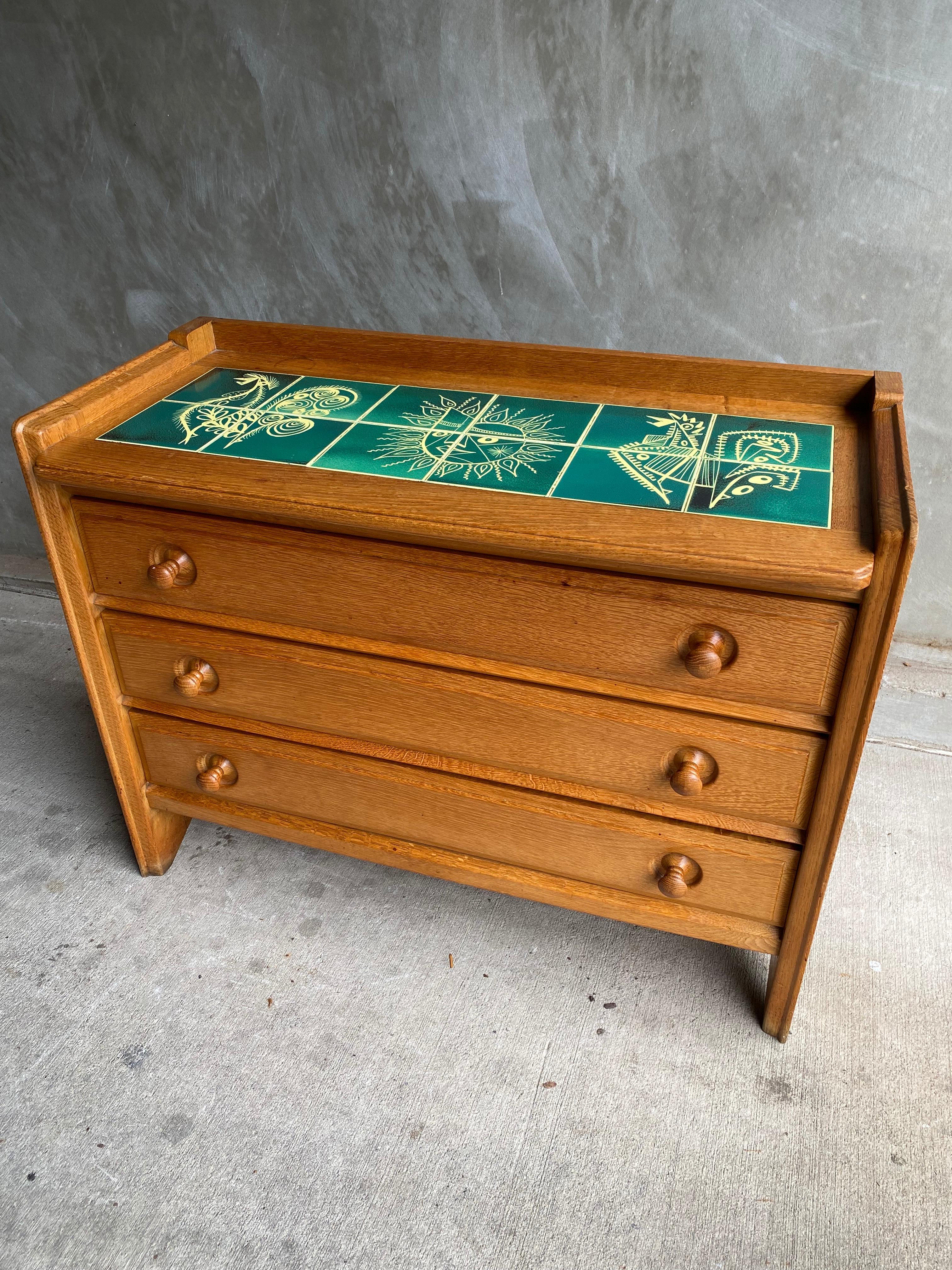 Mid-Century Modern Oak & Tile Chest of Drawers Guillerme & Chambron, France, 1950's