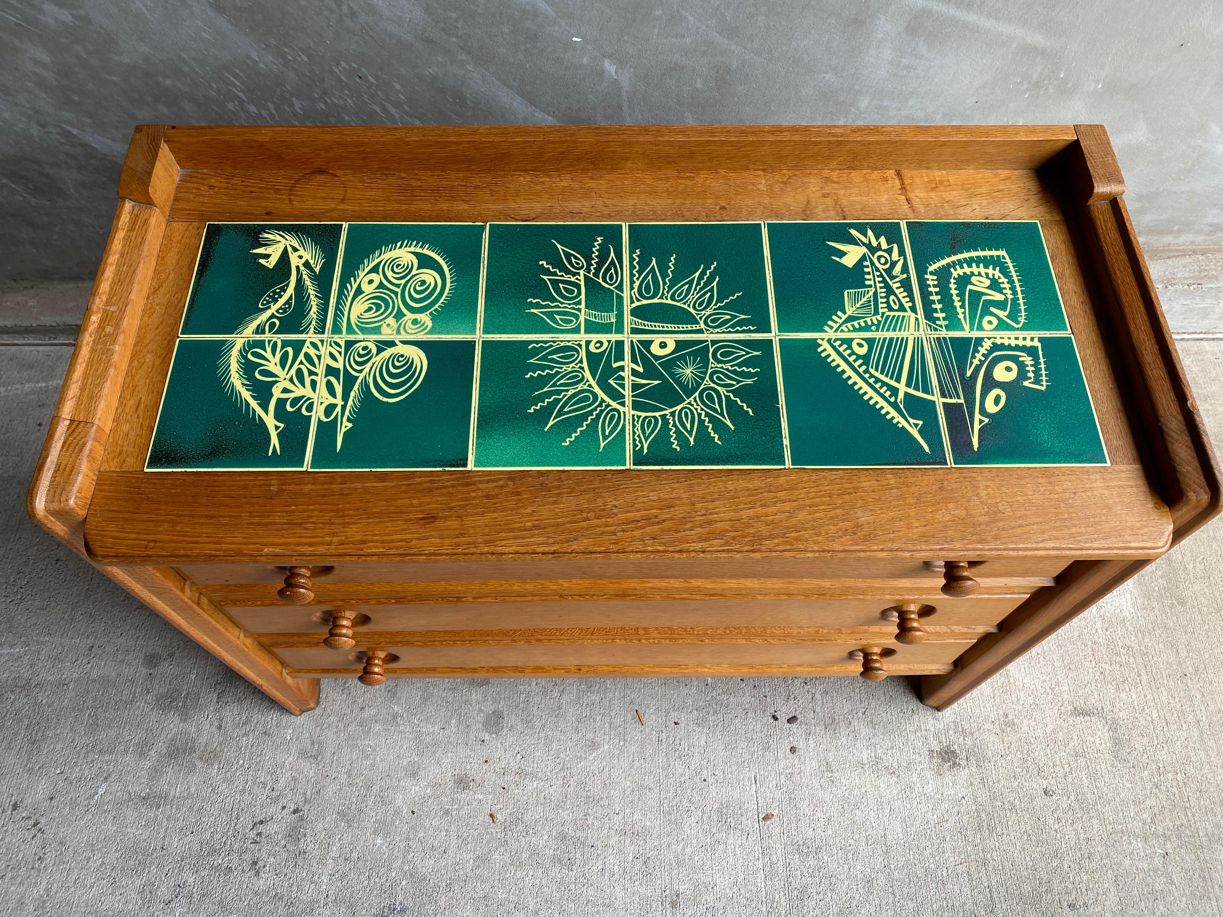 French Oak & Tile Chest of Drawers Guillerme & Chambron, France, 1950's