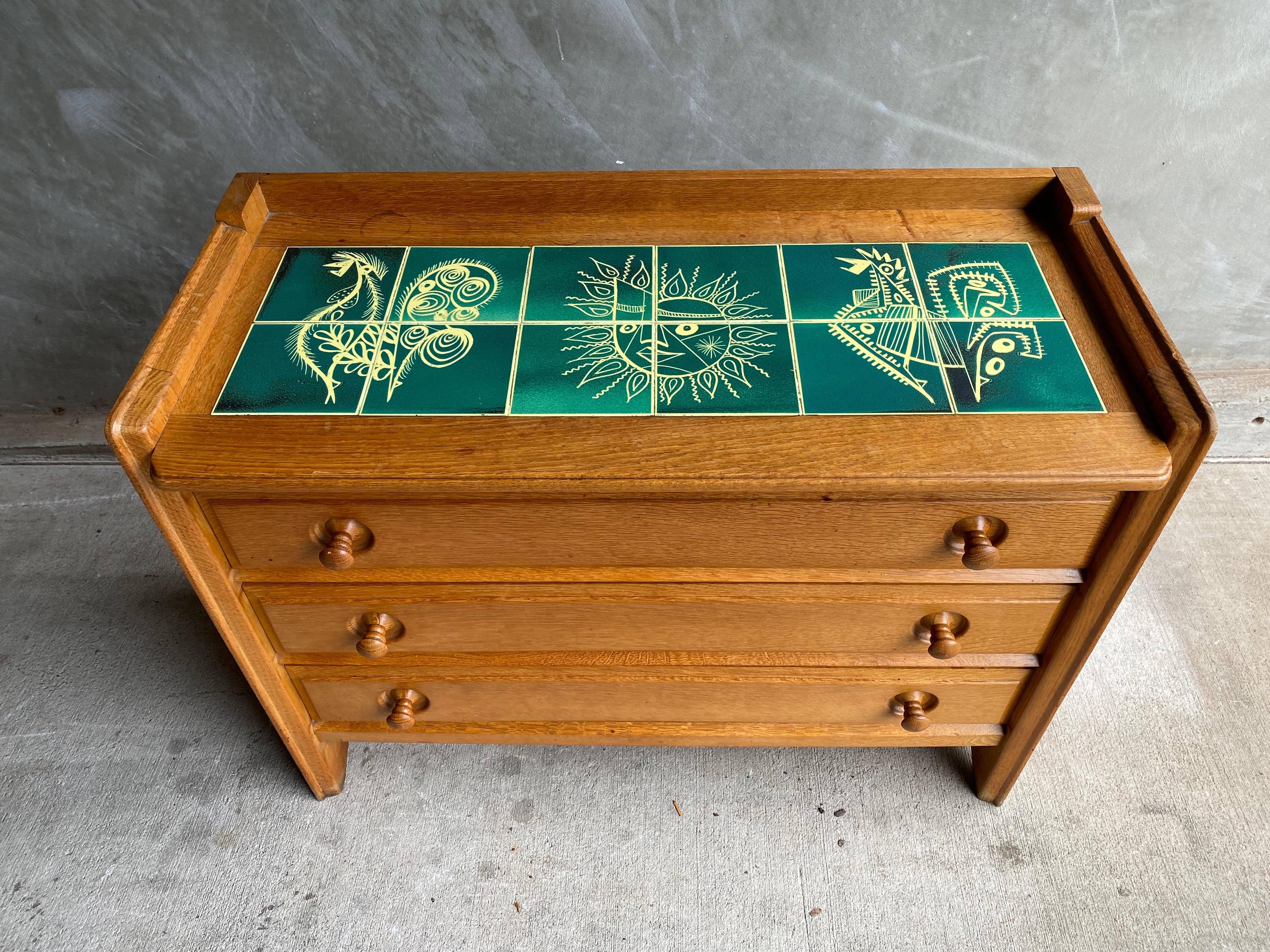 Oak & Tile Chest of Drawers Guillerme & Chambron, France, 1950's In Good Condition In Austin, TX