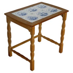 Oak Tile End Table with Blue and White Delft Tiles Vintage
