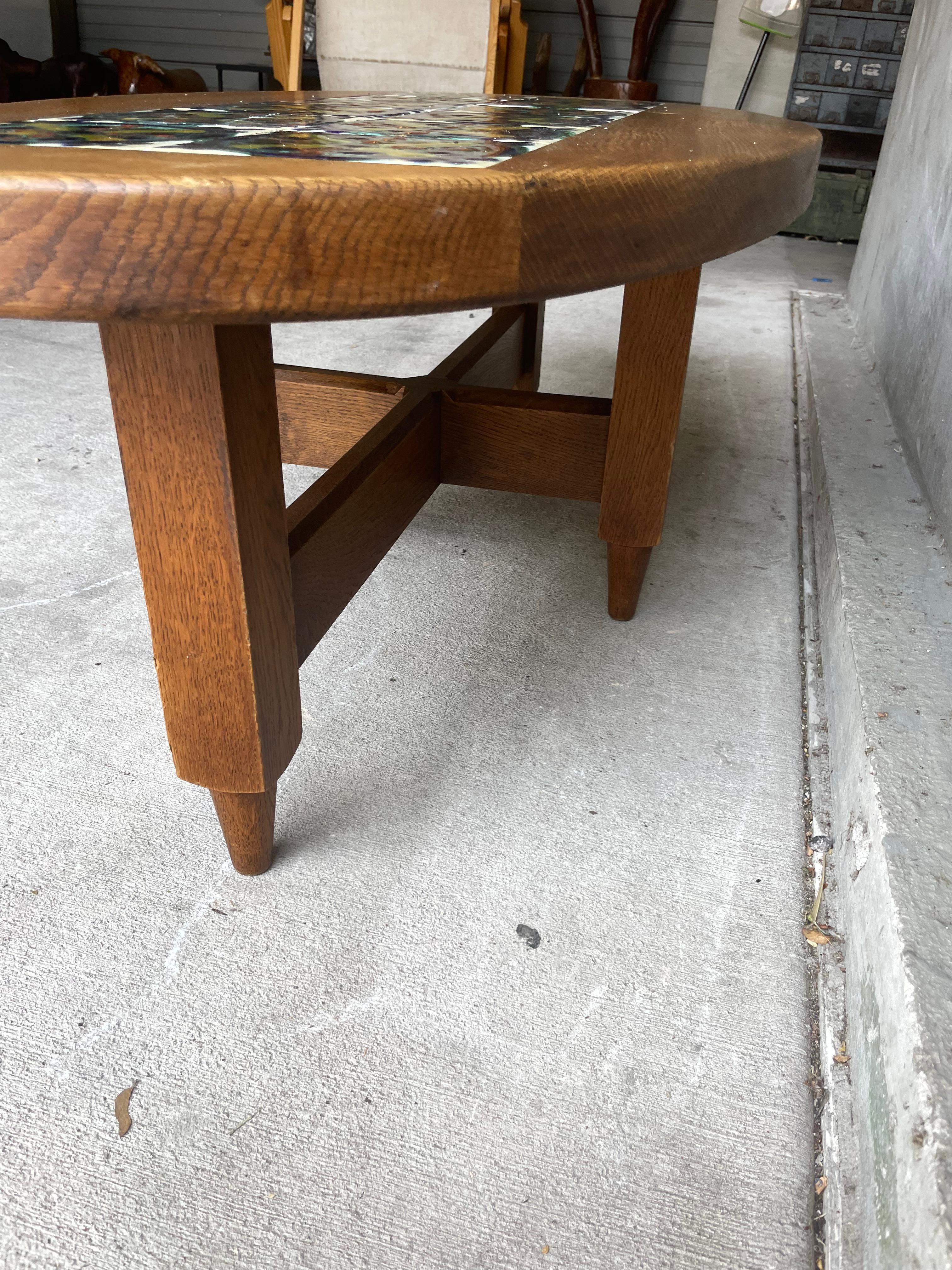 Oak & Tile Oval Cocktail Table, Guillerme et Chambron, France, 1950's In Good Condition In Austin, TX