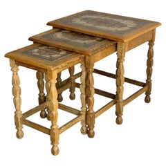 Oak Tile Top Nesting Tables Set of 3 Danish Mid-Century Modern Side Tables 1970s