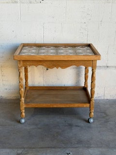 Oak Tile Top Rolling Bar Cart Serving Tea Table Henning Kjaernulf Denmark 1970s