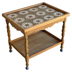 Oak Tile Top Rolling Bar Cart Serving Tea Table Henning Kjaernulf Denmark 1970s