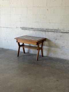 Oak Tiled Top Coffee Table with Lower Slatted Shelf Vintage 1970s