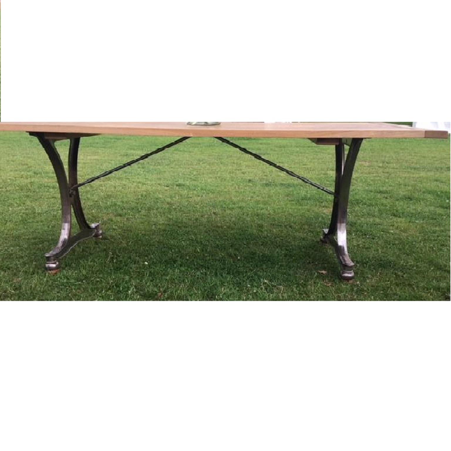 British Oak Top Dining Table with Industrial Polished Cast Iron Legs