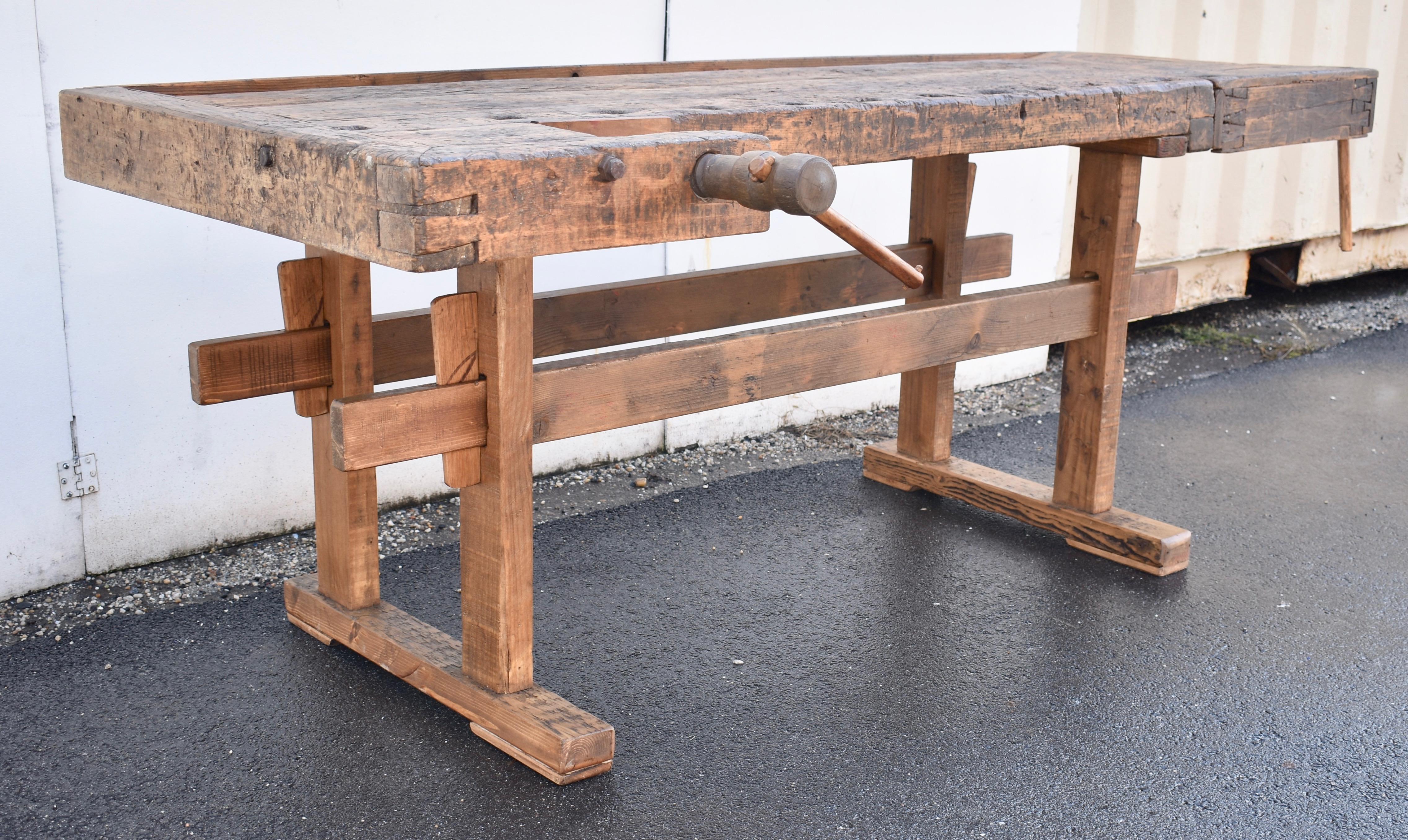 Industrial Oak Trestle-Base Carpenter's and Joiner's Workbench For Sale