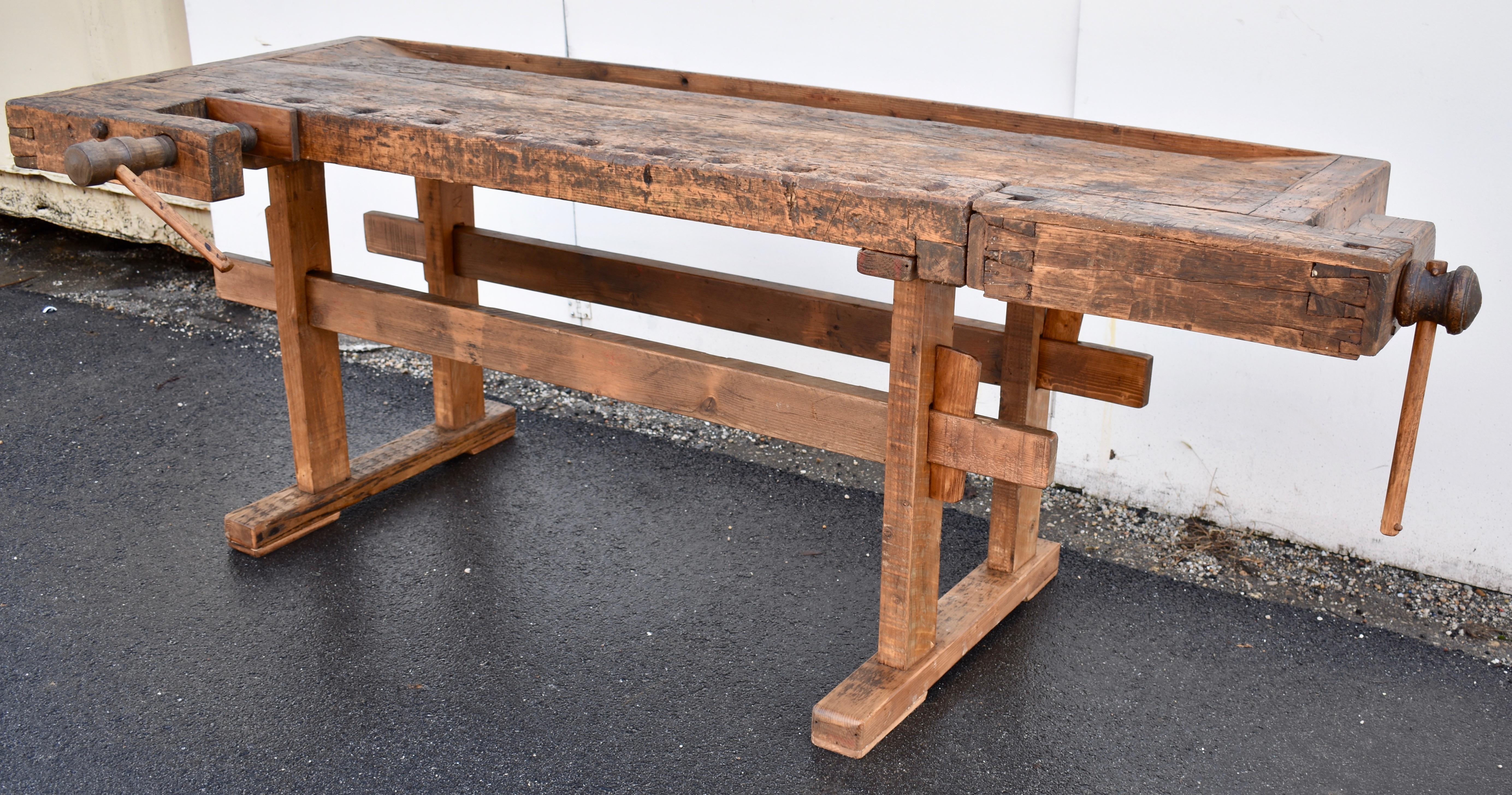 Polished Oak Trestle-Base Carpenter's and Joiner's Workbench For Sale