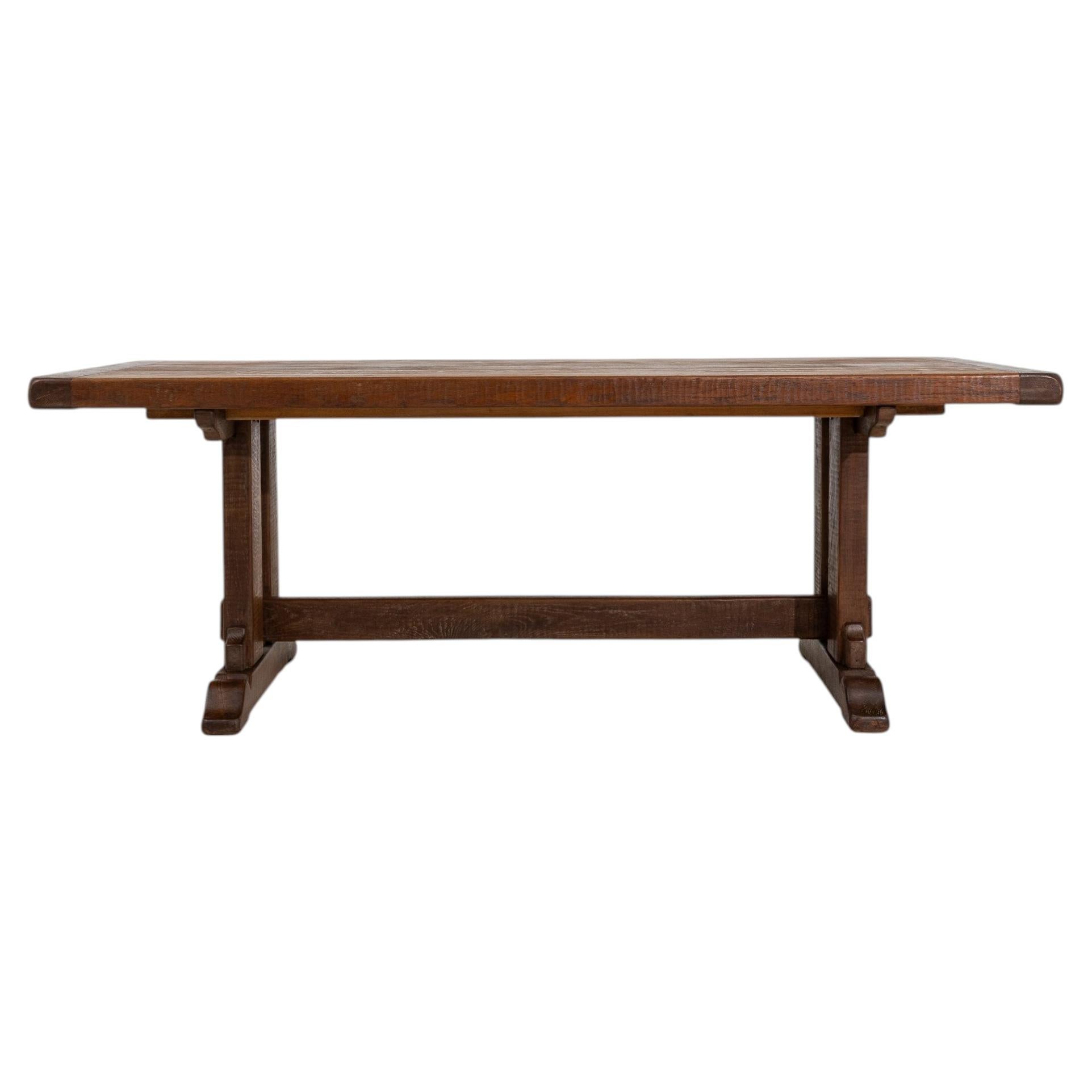 Table à manger antique en chêne à tréteaux, fabrication française, vers 1970