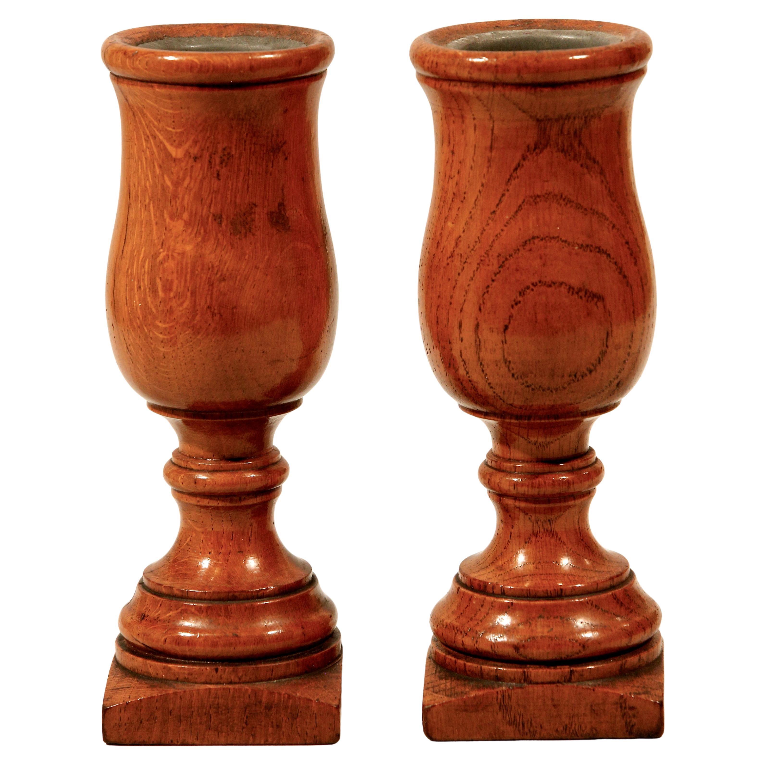 Oak Turned Urn Spill Stem Vases English Pair Circa 1880
