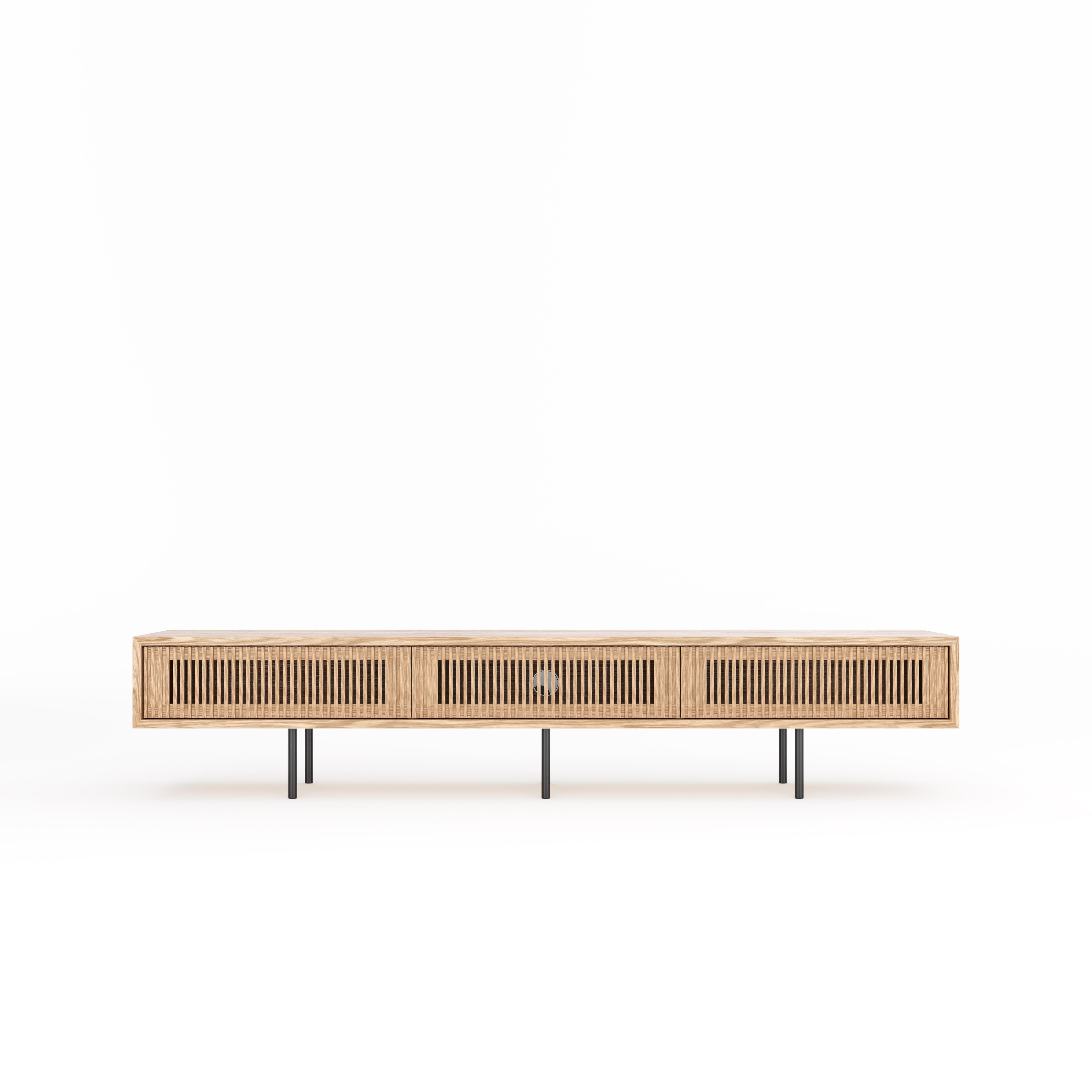 Mid-Century Modern Oak TV stand lowboard with three slatted doors in mid century modern style For Sale