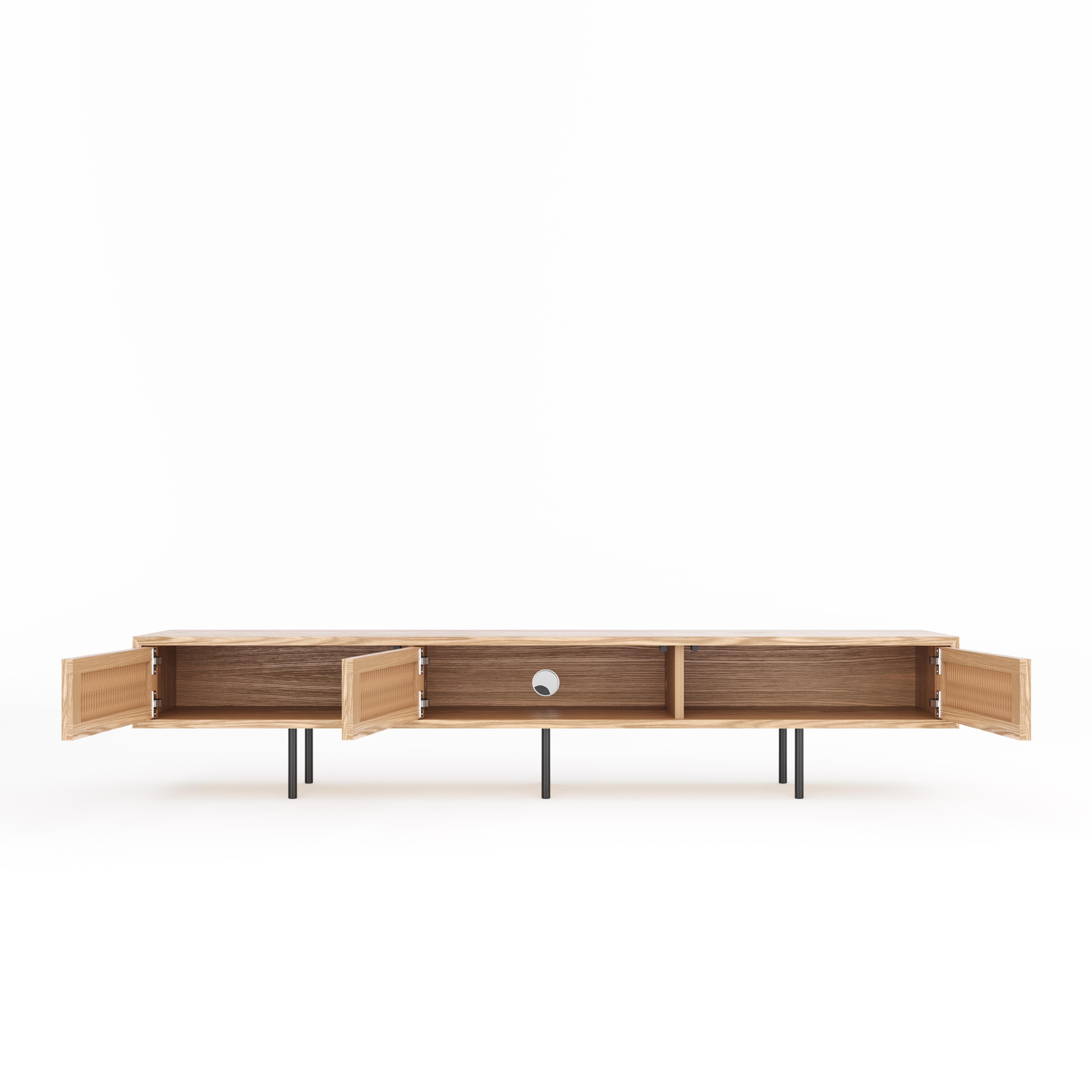 Polish Oak TV stand lowboard with three slatted doors in mid century modern style For Sale