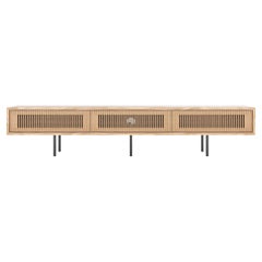 Oak TV stand lowboard with three slatted doors in mid century modern style