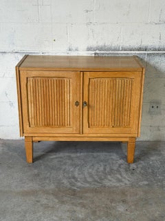 Oak Two-Door Storage Cabinet with Reeded Detail Vintage 1970s