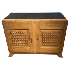 Oak Two Door with Pyramid Design, Marble Top Cabinet or Credenza France, 1940s