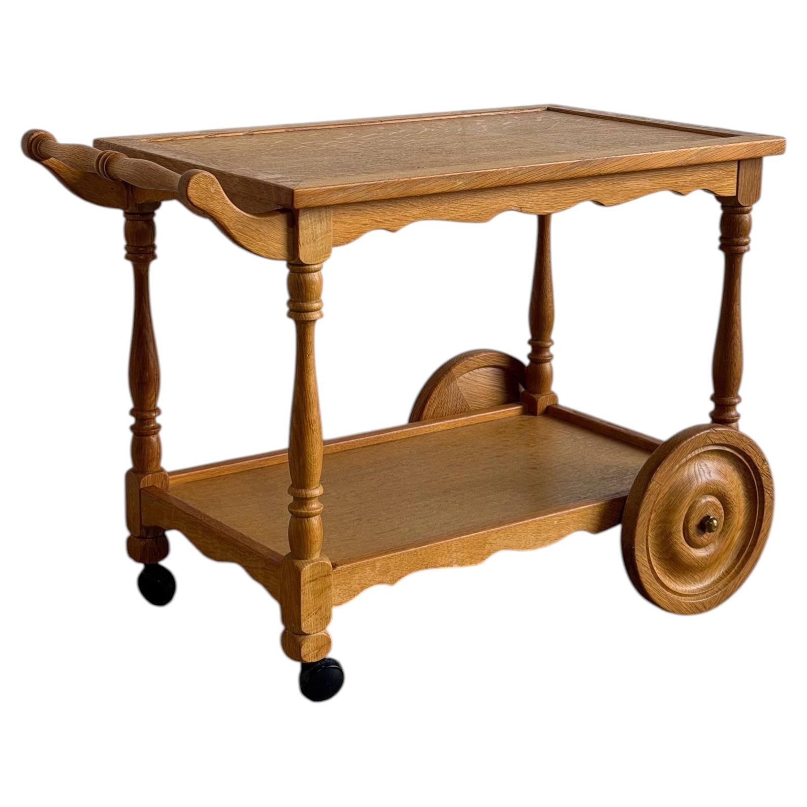 Oak Two-Tier Rolling Bar Cart Danish Mid-Century Modern Serving Trolley 1970s