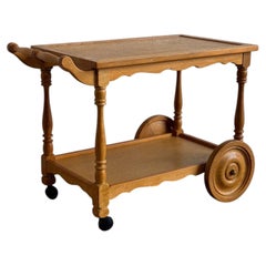 Oak Two-Tier Rolling Bar Cart Danish Mid-Century Modern Serving Trolley 1970s