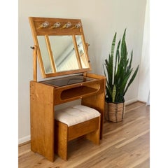 Oak Vanity Table With Lighted Adjustable Top Mirror and Upholstered Bench